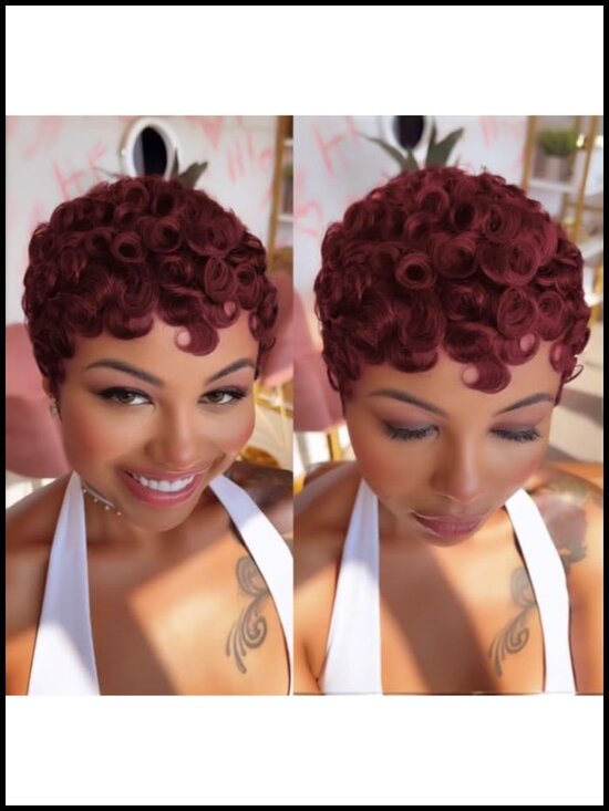 Short Pixie Cut 100% Human Hair Curly Wig with Bangs Glueless Full Machine Made main image 5